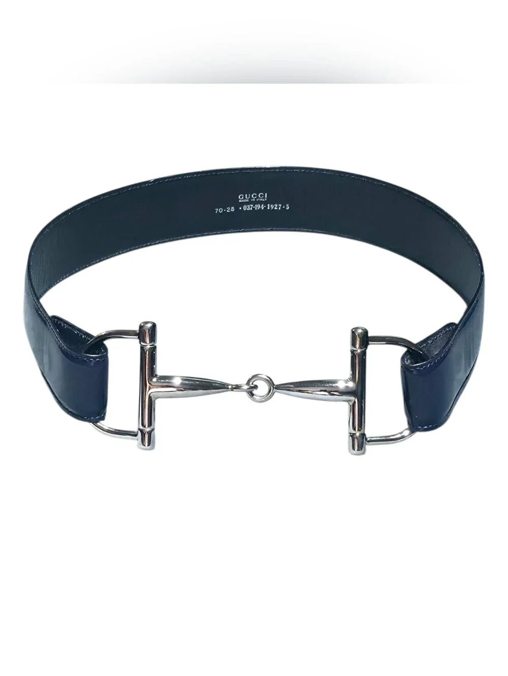Gucci Wide Navy Leather Belt with Silver Horsebit Accent